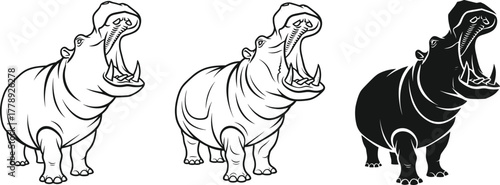 Hippo silhouette vector illustration set showing angry hippopotamus with open mouth in wild animal design and wildlife nature concept