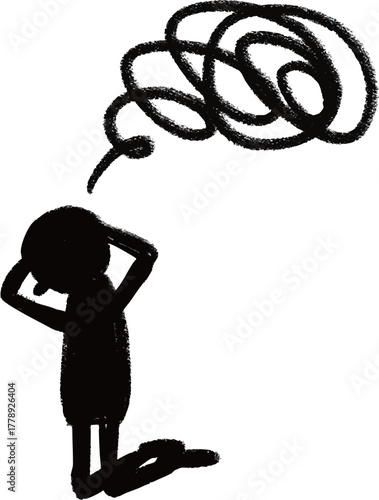 手描きペイントの人物シルエットアイコン、膝を床につけ頭を抱えて困ったポーズ　Adobe Illustrator Artwork