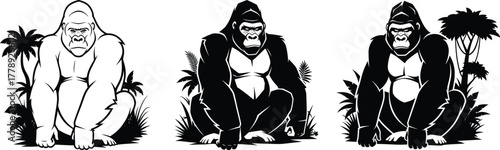 Powerful gorilla silhouette vector illustration set showing jungle wildlife animal poses with tropical nature background design for zoo artwork