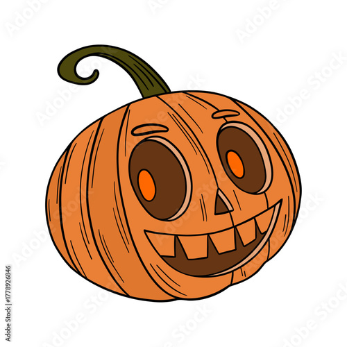 Orange pumpkin with happy face. Halloween and thanksgiving autumn occasions. October festival decoration. Element collection line art hand drawn