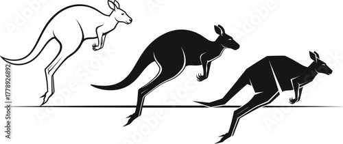 Kangaroo running silhouette vector illustration set showing jump movement and speed in wild nature design for Australian wildlife artwork
