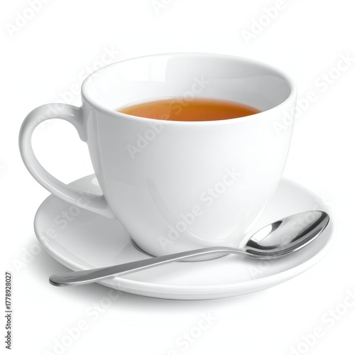 Wallpaper Mural A steaming cup of tea on a saucer with a silver spoon, set against a simple white background Torontodigital.ca