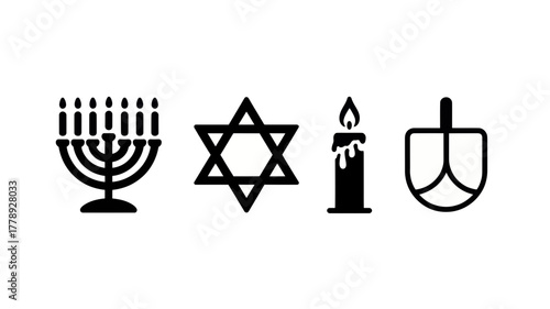 Black and white hanukkah symbols including menorah star of david candle and dreidel icons isolated