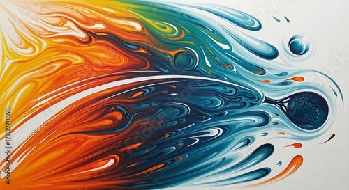 Abstract fiery orange and cool blue fluid art with a tennis racket silhouette