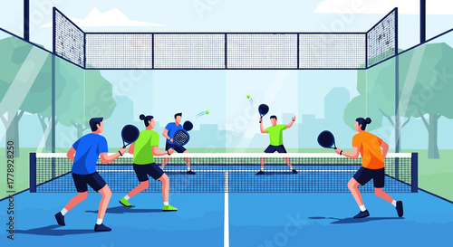 Dynamic Padel Players Engaged in Intense Match on Blue Court with Net