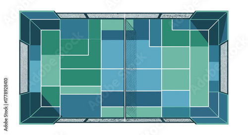 Overhead view of a pickleball court with blue and green color blocks