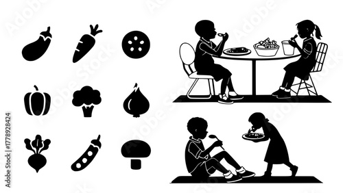 Healthy Eating Kids and Vegetable Icons Set - Vector Silhouettes for Nutrition and Wellness