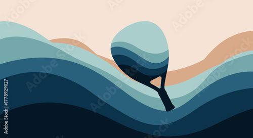 Stylized Paddleball Racket with Blue Tones and Wavy Background