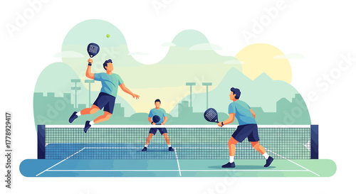 Dynamic Padel Players in Action with Rackets and a Green Ball