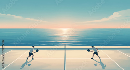 Two Players Enjoying Pickleball Game on Court Near Ocean at Sunset