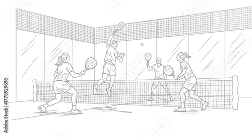Dynamic Padel Players in Action, Illustrated with Rackets and Net