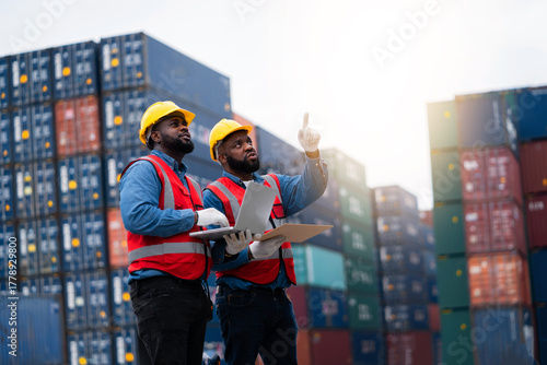 Photos Two men wearing safety gear and pointing at a laptop