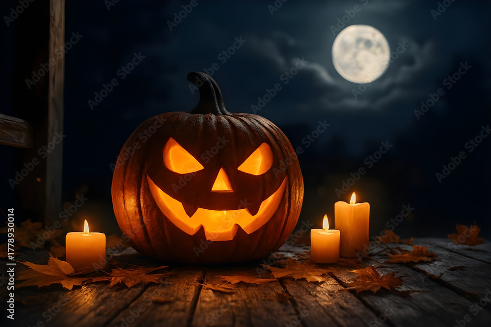 Obraz premium Spooky carved pumpkin lantern glows with warm candlelight on a rustic wooden table under a full moon on a dark autumn night, perfect for halloween celebrations and eerie atmosphere.
