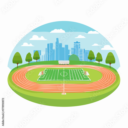 A vibrant illustration of an outdoor sports stadium with a running track and a green football field, set against a modern city skyline.