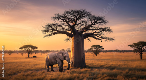 Elephant standing near a baobab tree at golden sunset