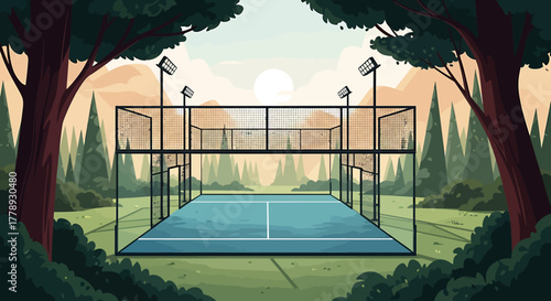 Padel court in a forest setting with trees and distant mountains