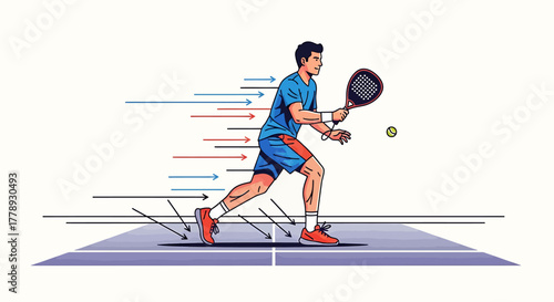 Dynamic Padel Player in Motion with Speed Lines and Ball on Court
