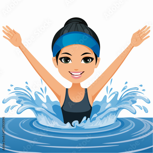 A cartoon illustration of a happy woman in a swimsuit emerging from blue water with a splash, raising her arms.