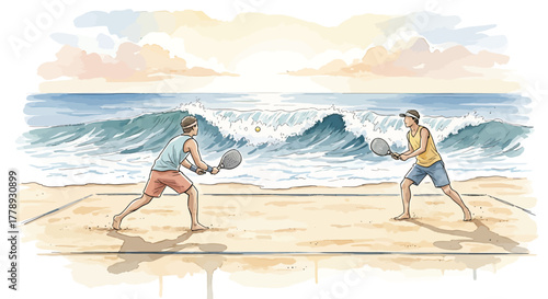 Beach Paddleball Players Enjoying a Sunny Day with Ocean Waves and Sky