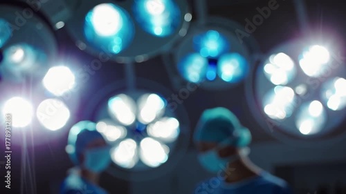 Out-of-focus surgical lamps form blue bokeh light backdrop in modern operating room. Lens flare adds cinematic glow, creating sterile, clinical yet atmospheric medical environment wallpaper.