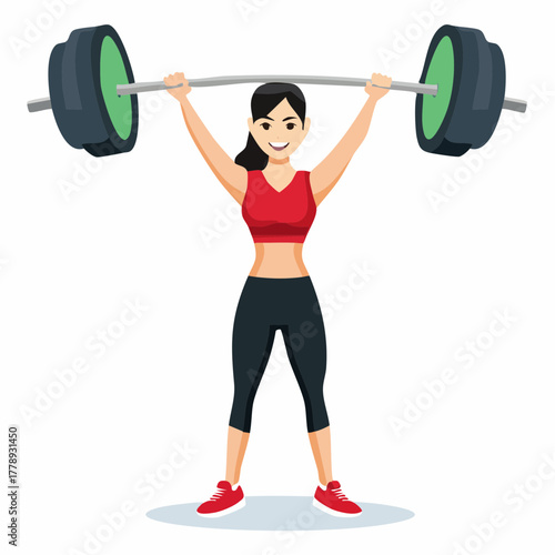 A strong woman in athletic wear smiling and performing an overhead press with a barbell, demonstrating fitness and strength.