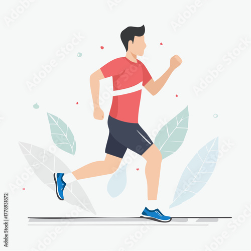 A man in athletic wear is running with a determined expression, surrounded by stylized leaves, depicting an active and healthy lifestyle.