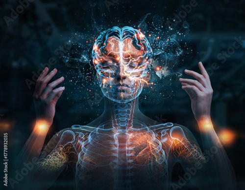 A futuristic visualization of a human brain and nervous system with glowing energy.