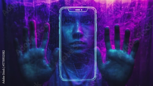 Lost in Digital Realm: A person's face appears behind the outline of a phone, hands reaching towards it.