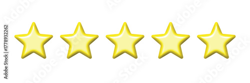 Five star icon rating review. Yellow realistic 3d star symbol. Vector Illustration.