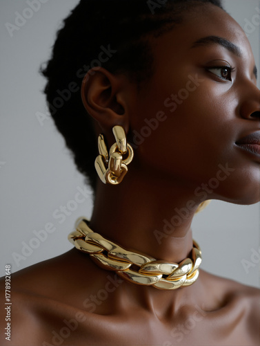Close-up profile of an elegant Black woman wearing a chunky gold chain necklace and earrings. Modern fashion and luxury jewelry concept.