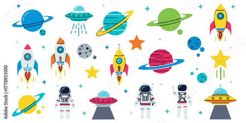 Collection of colorful cartoon space elements including planets, rockets, astronauts, and ufos