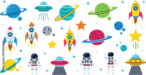 Collection of colorful cartoon space elements including planets, rockets, astronauts, and ufos