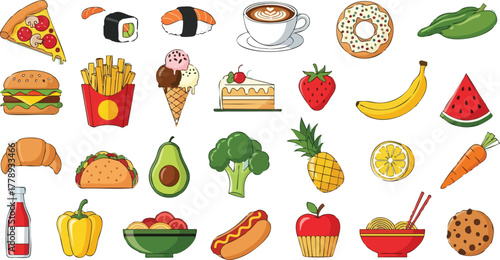 A collection of pixel art food items including pizza, sushi, burger, fries, ice cream, cake, fruits, and drinks
