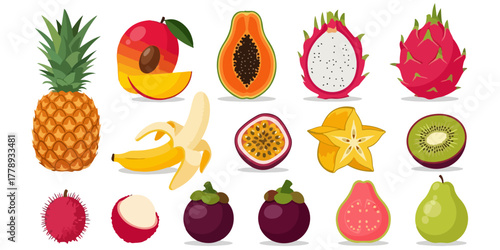 Assortment of exotic and tropical fruits including pineapple, mango, papaya, dragon fruit, banana, passion fruit, star fruit, kiwi, lychee, mangosteen, guava, and pear