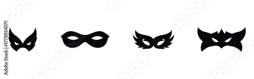 Carnival mask silhouette icons set on white page. Costume party facial-mask icons. Super-heroes musk set on white background. Black mystery mask icon set. EPS 10. 