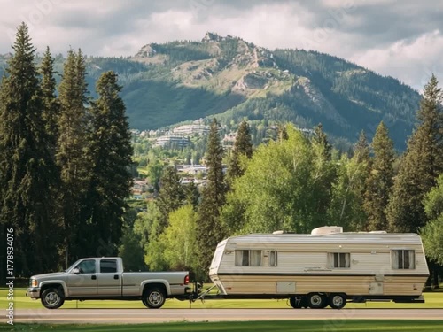 Road Trip Ready: A camper trailer is pulled by a pickup truck along a picturesque road, ready for an adventure. The scene captures the spirit of travel and exploration amidst scenic views.