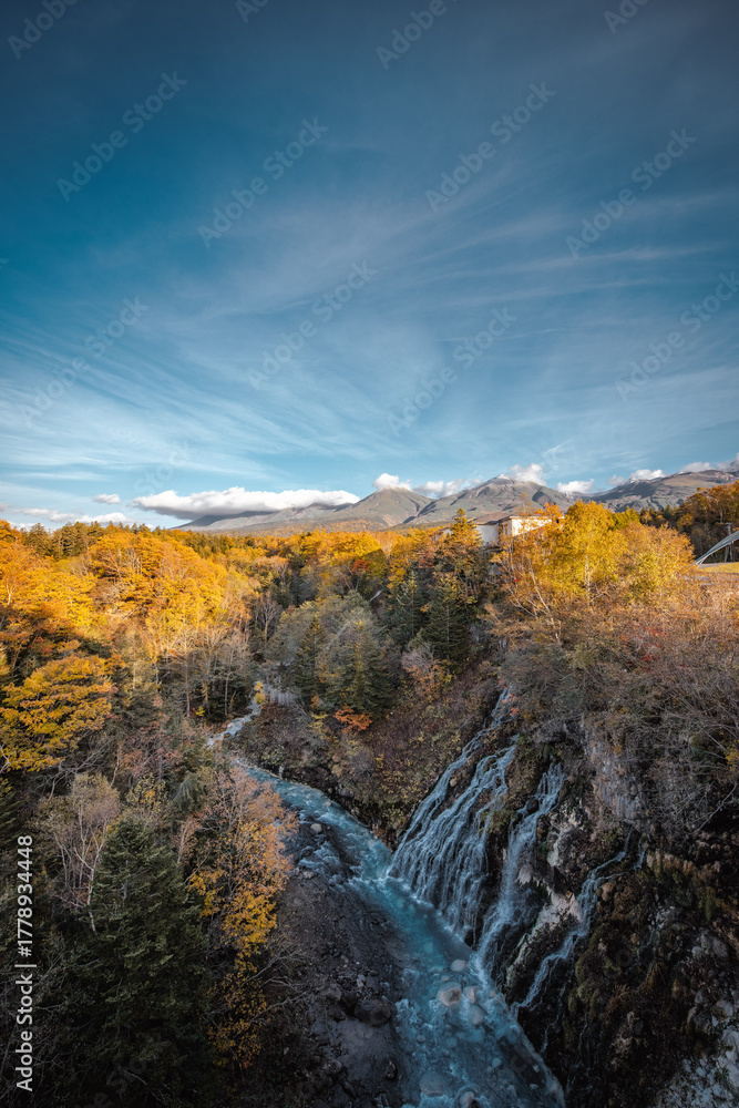 Fototapeta premium Vertical Japanese autumn view in the mountains with a blue water, yellow trees, and a partly cloudy sky at Shirahige Waterfall, Hokkaido, Japan