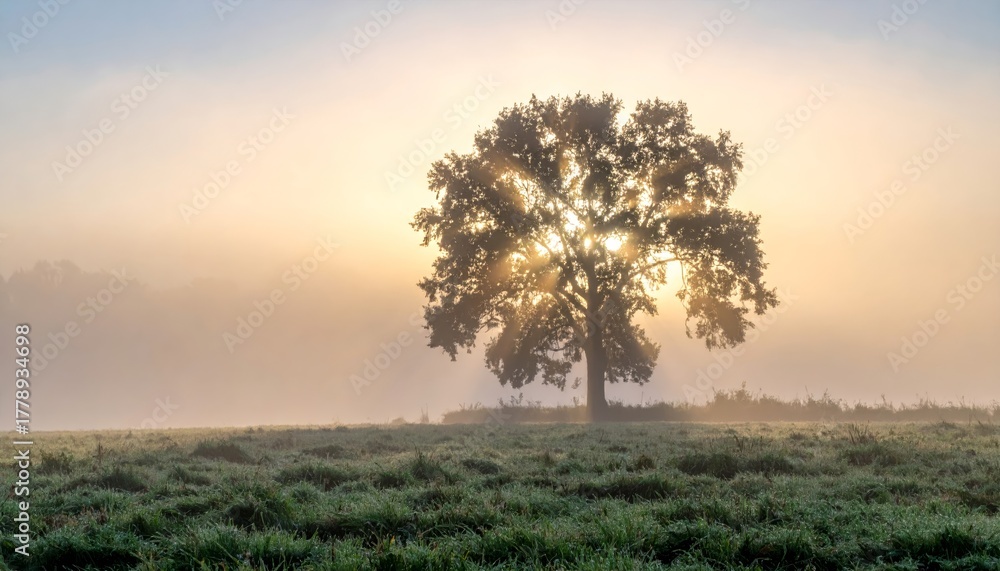 Obraz premium solitary tree in the mist, morning light