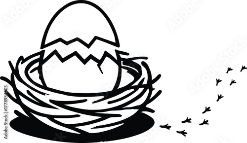 Black and white line art of hatching egg in nest sketch