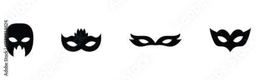 Modern comical vector mask set. isolated black musk icons. Party black musk icons on isolated page. Super-heroes musk icon on white page. Carnival black facial mask set. EPS 10. 