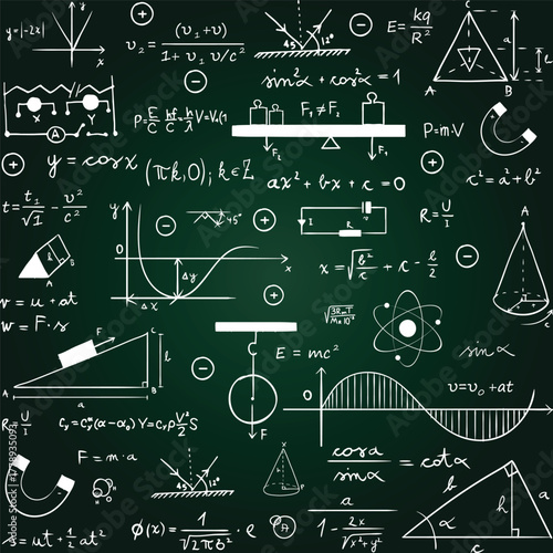 Chalkboard full of scientific formulas and diagrams
