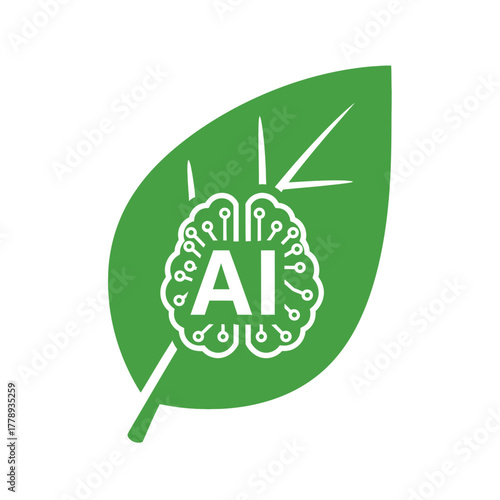 AI brain on a green leaf, symbolizing artificial intelligence and nature.