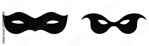 Party black musk icons on isolated page. Super-heroes musk icon on white page. Carnival black facial mask set. Modern comical vector mask set. EPS 10. 