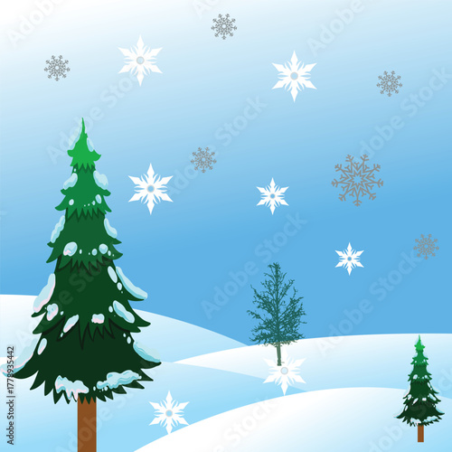 Winter Snow Landscape Vector Background with Pine Trees and Falling Snowflakes
