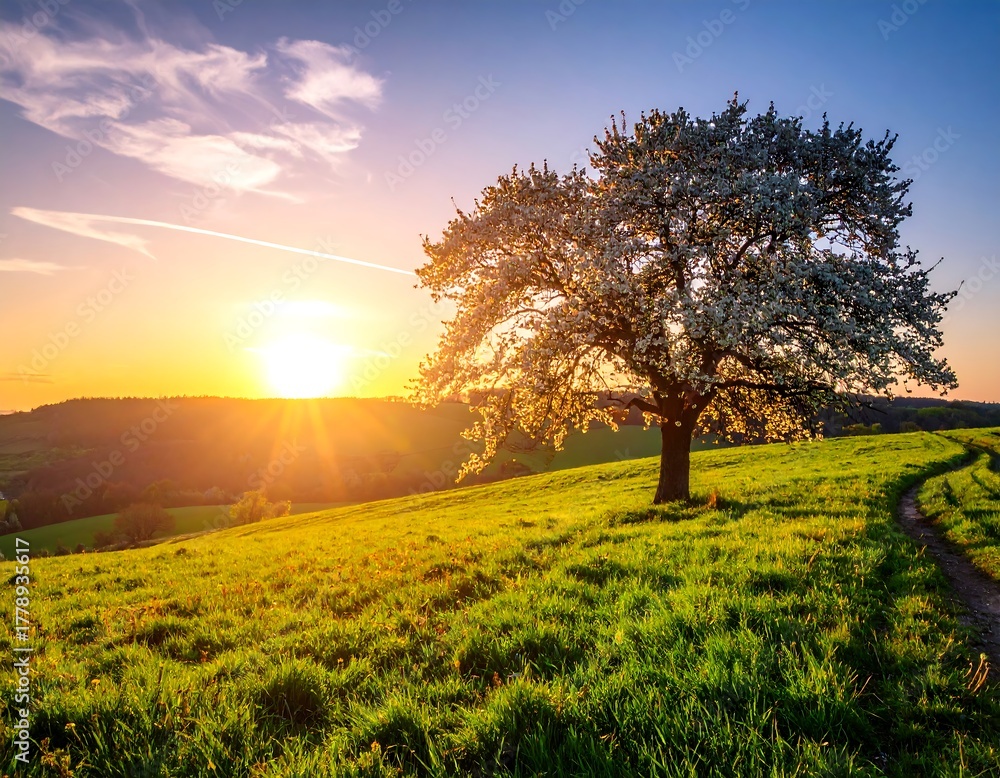 Fototapeta premium Spring sunset over a blossoming landscape