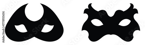Vector isolated modern costume face silhouette icons set on white background. Party black musk icons on isolated page. Super-heroes musk icon on white page. Carnival black facial mask set. EPS 10. 
