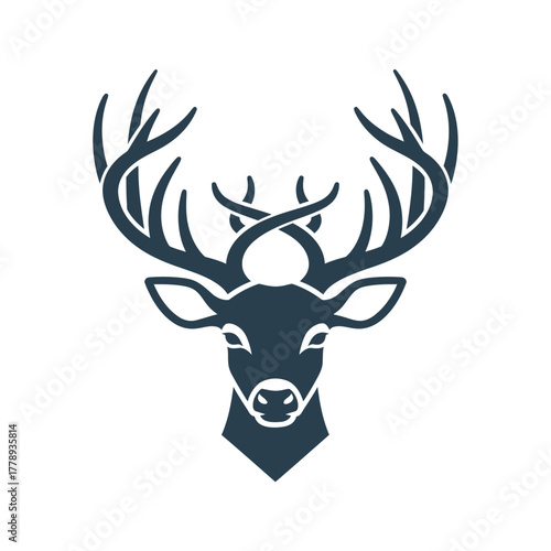 Stylized dark blue deer head with large antlers on a white background, facing forward.