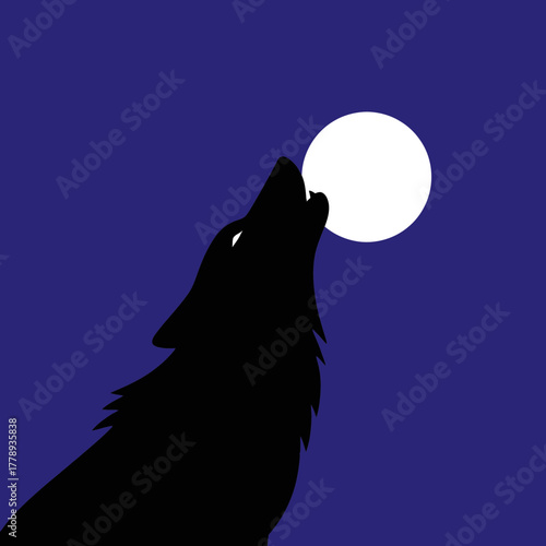 Black wolf silhouette howling at a bright full moon in a dark blue night sky.
