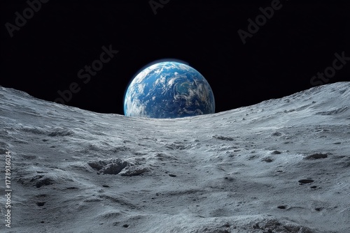 Fototapeta Naklejka Na Ścianę i Meble -  Lunar landscape with earth view, gray dust and craters below, vibrant blue planet above, black backdrop creating contrast, evoking vastness and isolation for space enthusiasts