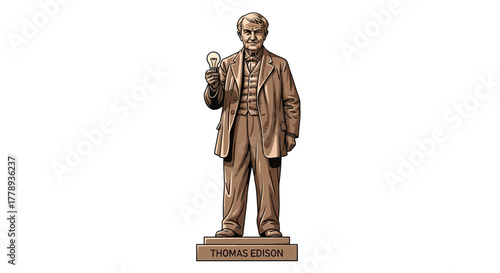 Bronze Statue of Thomas Edison Holding a Light Bulb.